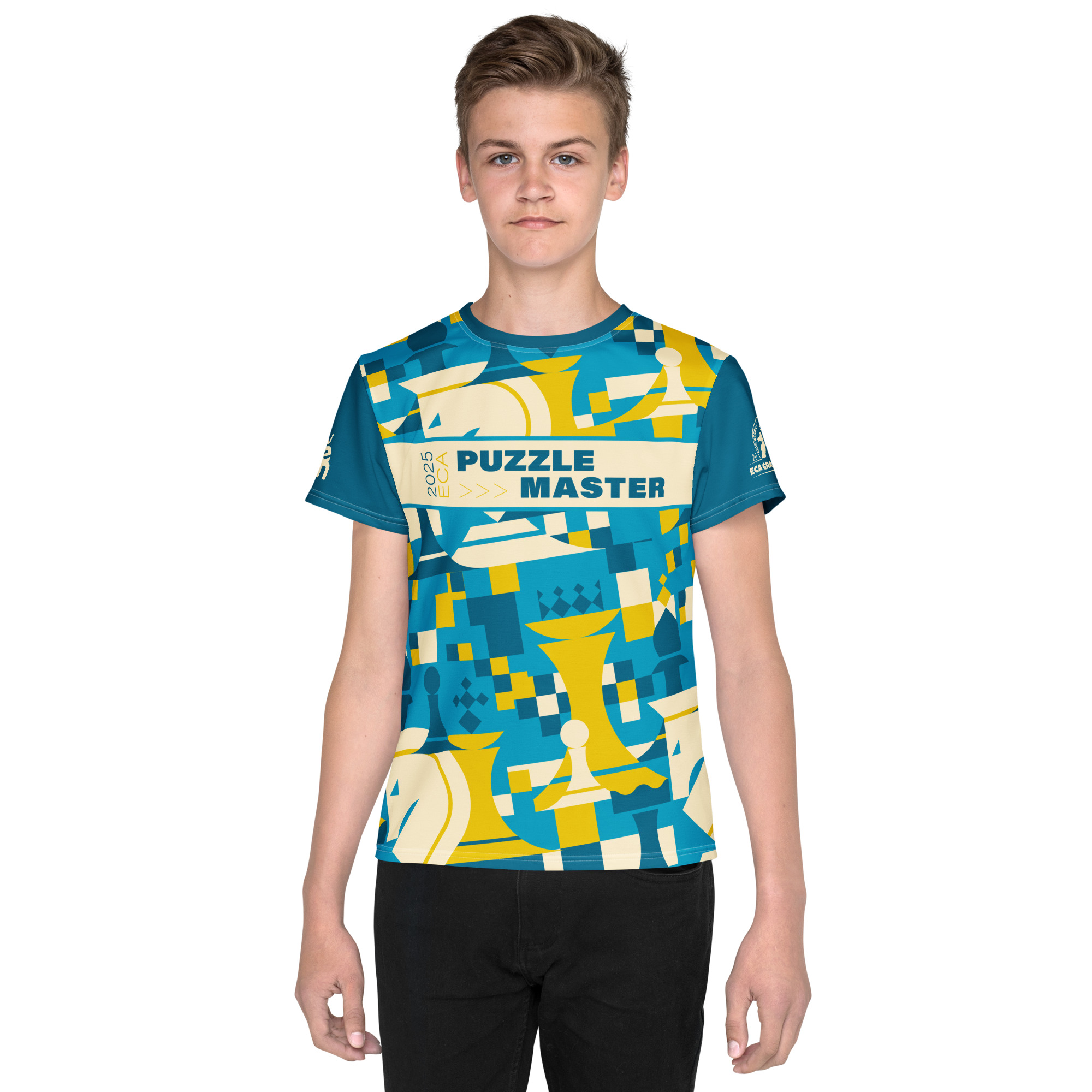 Model in the teal-and-yellow ECA Grand Prix Puzzle Master tee