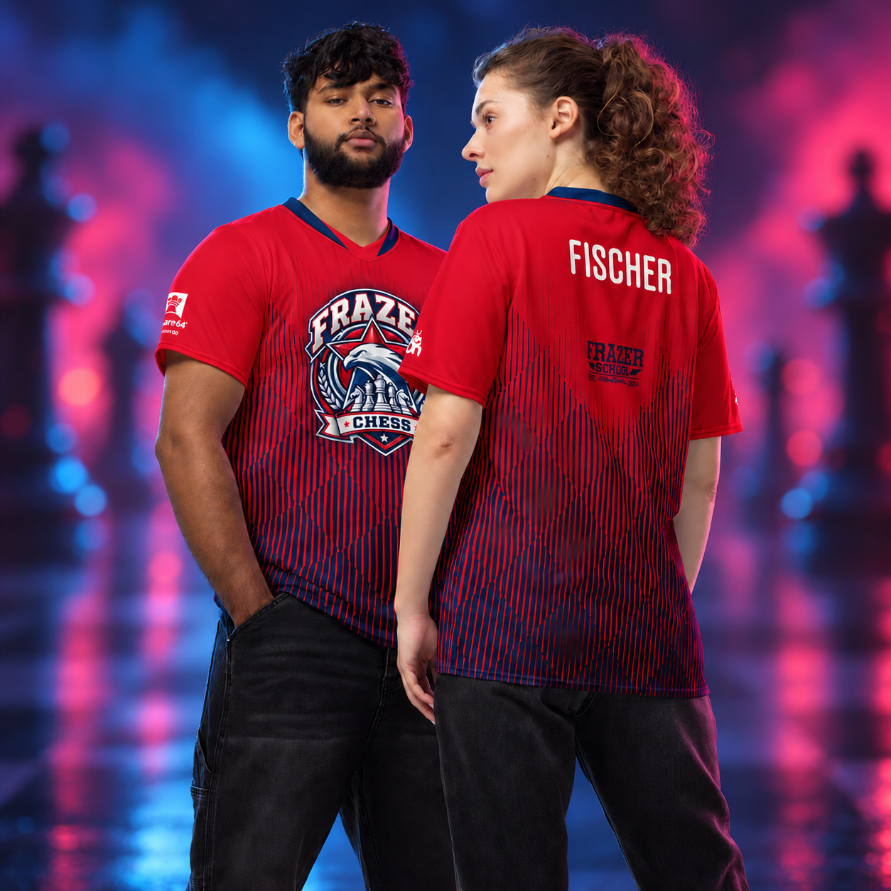 Couple wearing red-and-blue Frazer Chess jerseys, with FISCHER personalization, against a subtle atmospheric chess background