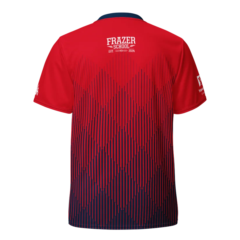 Standard red-and-blue Frazer jersey back with the Frazer School logo and no personalized name