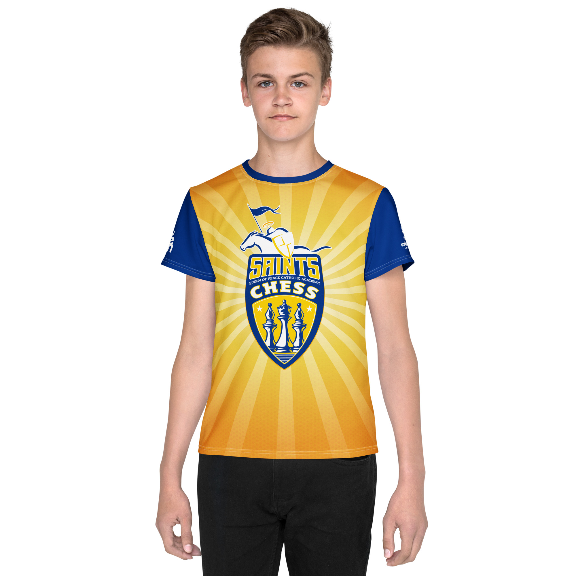 Model in the yellow-and-blue QP Saints Chess tee